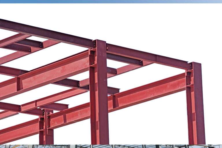 Red structural steel beams and columns