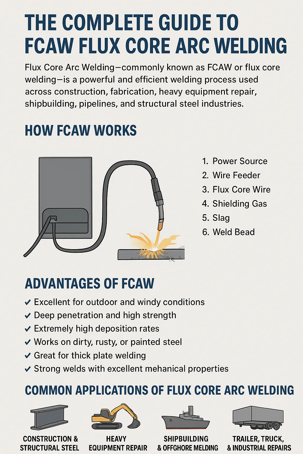 Infographic guide to FCAW flux core arc welding, how it works and its advantages