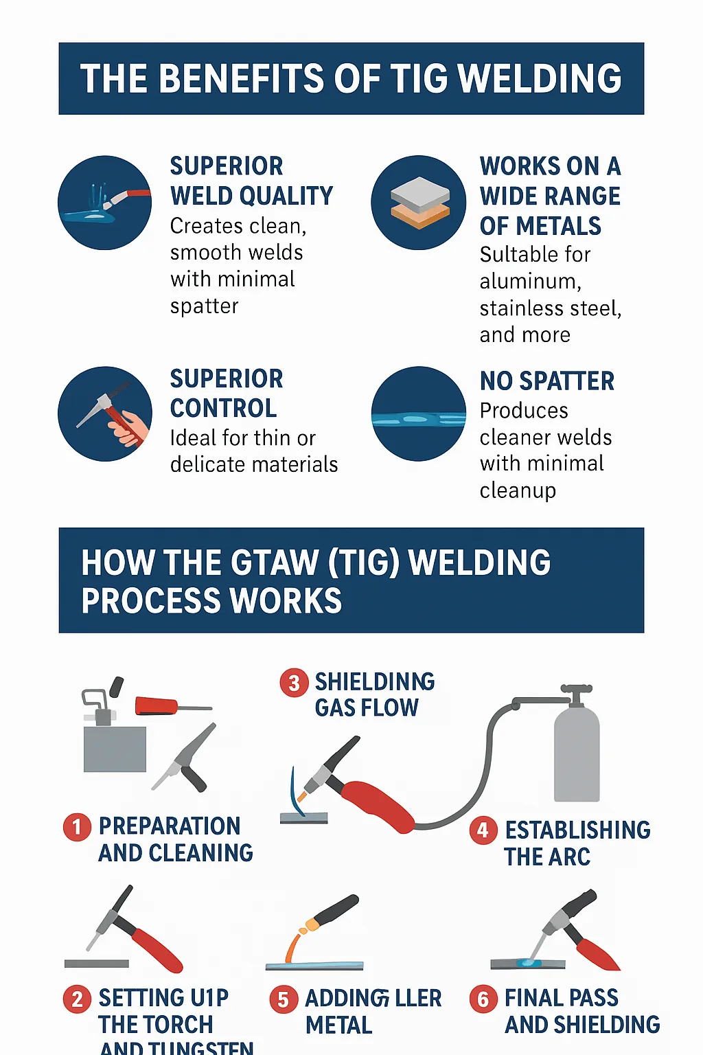 Infographic on the benefits of TIG welding and the GTAW process steps