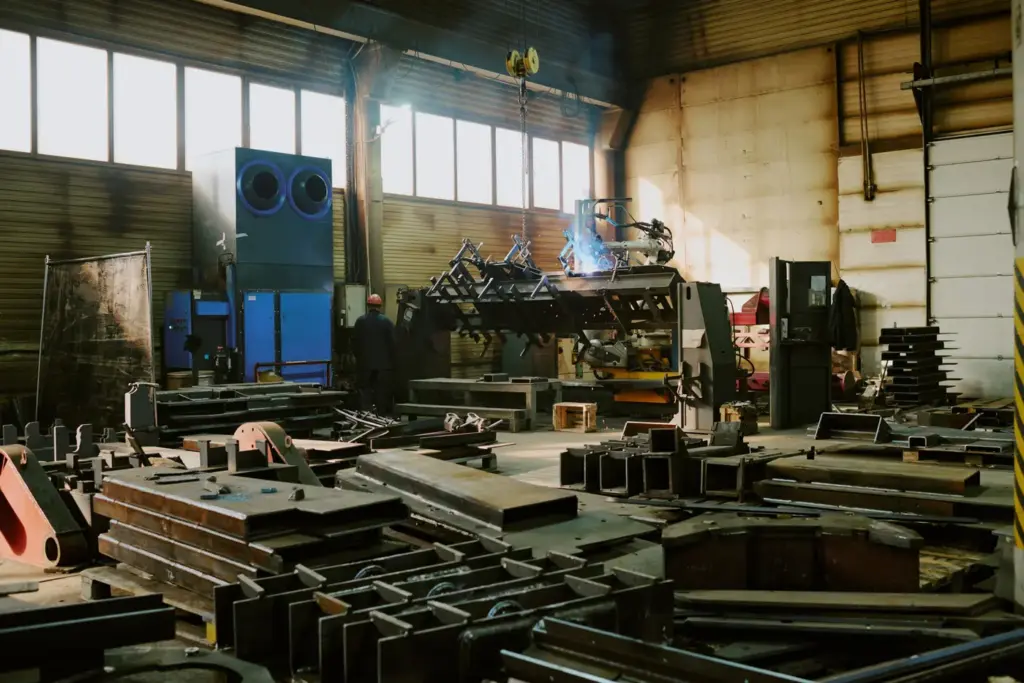 Steel parts and stock inside a fabrication shop