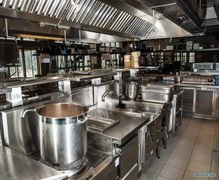Stainless steel commercial kitchen with cooking equipment