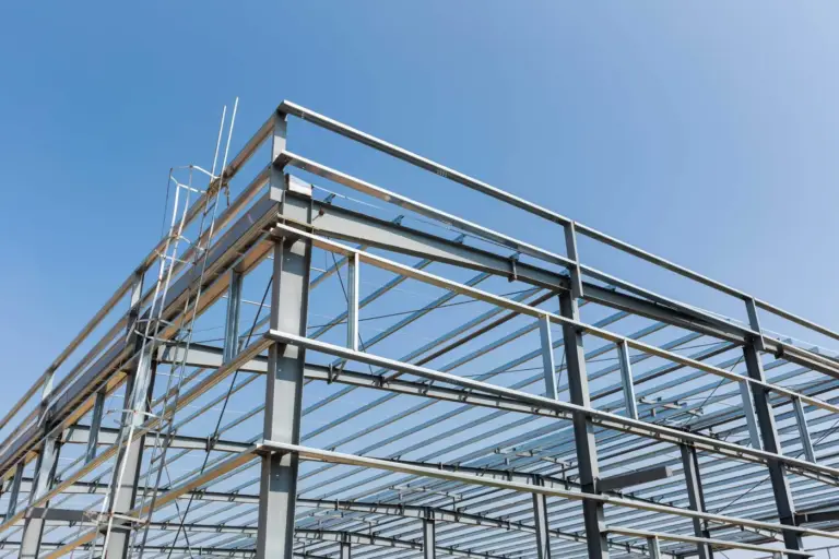 Steel building frame with beams and columns under construction