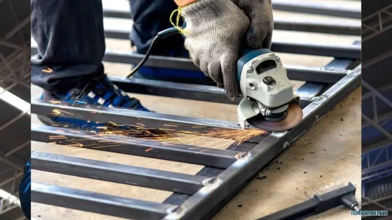 Worker grinding a welded steel frame with an angle grinder