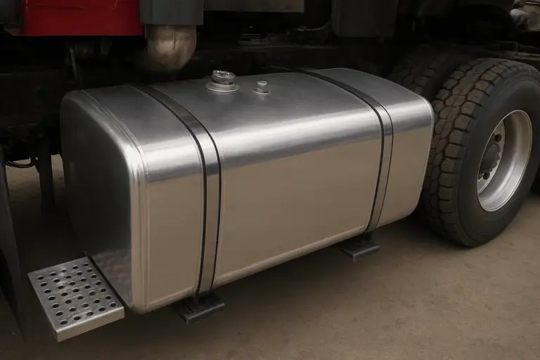 Aluminum diesel fuel tank mounted on a heavy truck