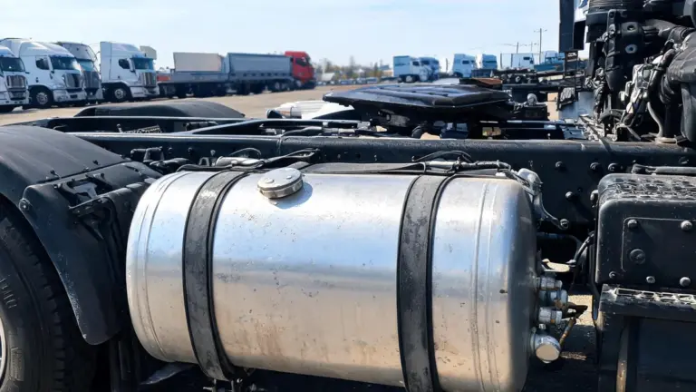 Polished aluminum diesel fuel tank mounted on a semi truck with steel straps and brackets