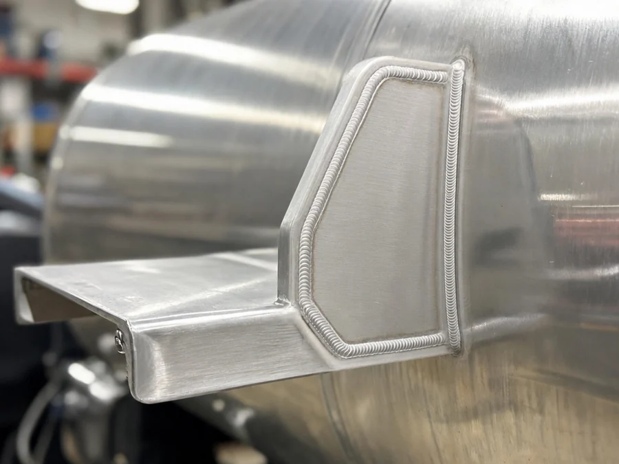 Close-up of a TIG-welded aluminum mounting bracket on the side of a polished aluminum fuel tank