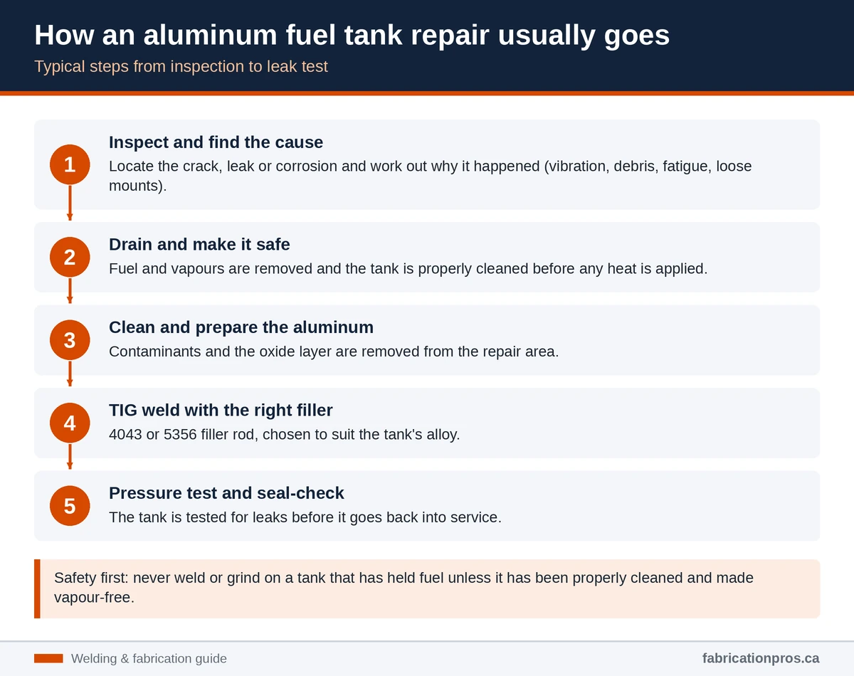 Five steps of an aluminum fuel tank repair: inspect, drain and make safe, clean the aluminum, TIG weld with 4043 or 5356, pressure test