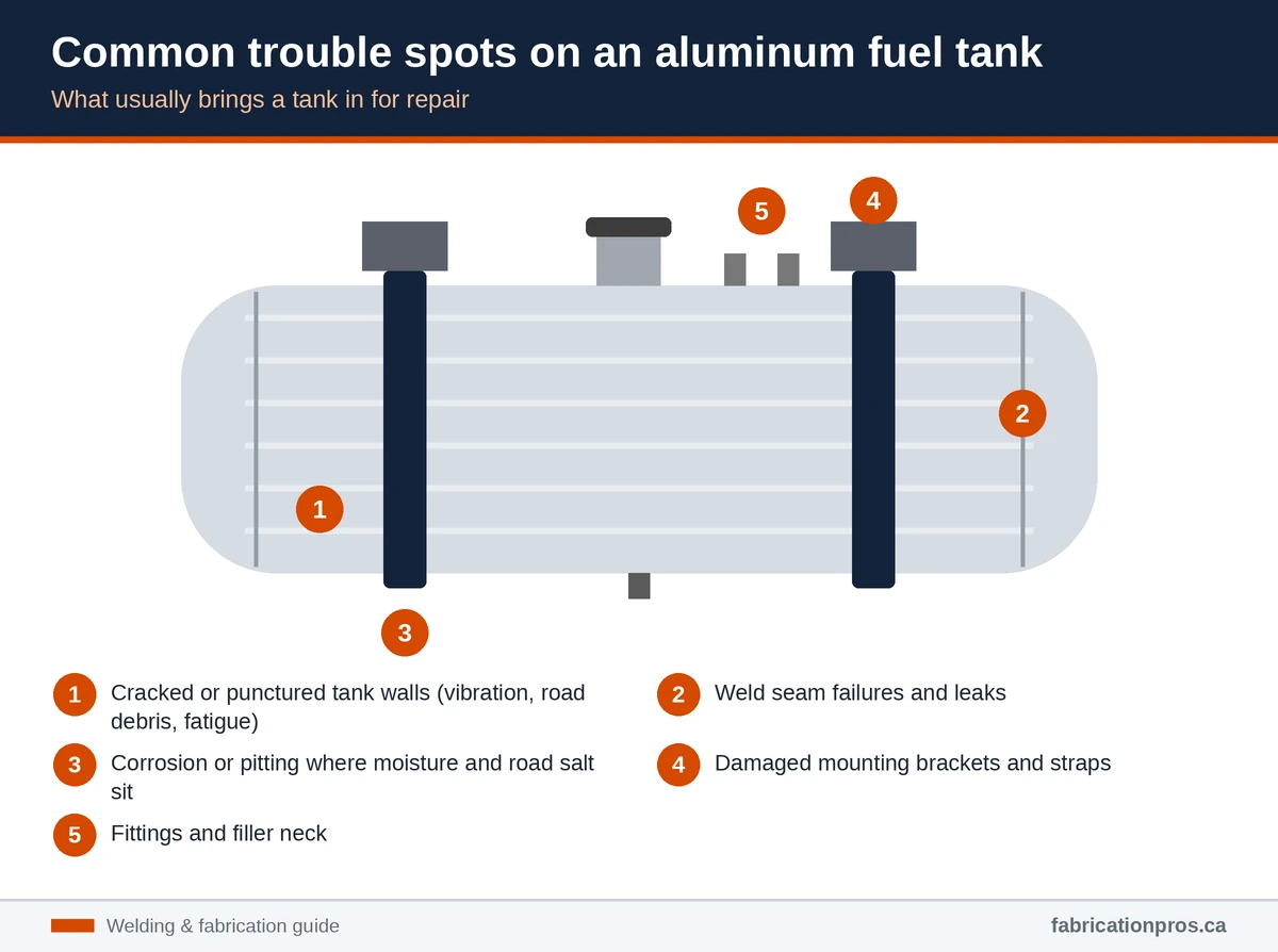 Diagram of an aluminum fuel tank marking cracked walls, seam leaks, corrosion under straps, damaged brackets and fittings