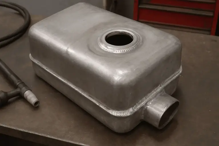 Aluminum fuel tank on a workbench ready for repair
