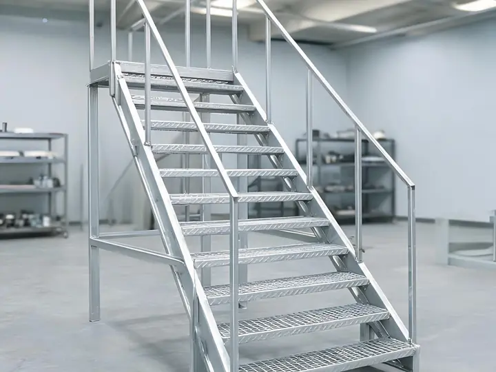Welded aluminum stair with handrails and grated steps in a fabrication shop
