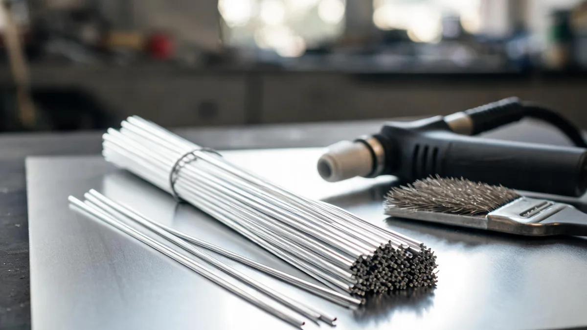 Bare aluminum TIG filler rods on an aluminum plate beside a TIG torch and stainless brush