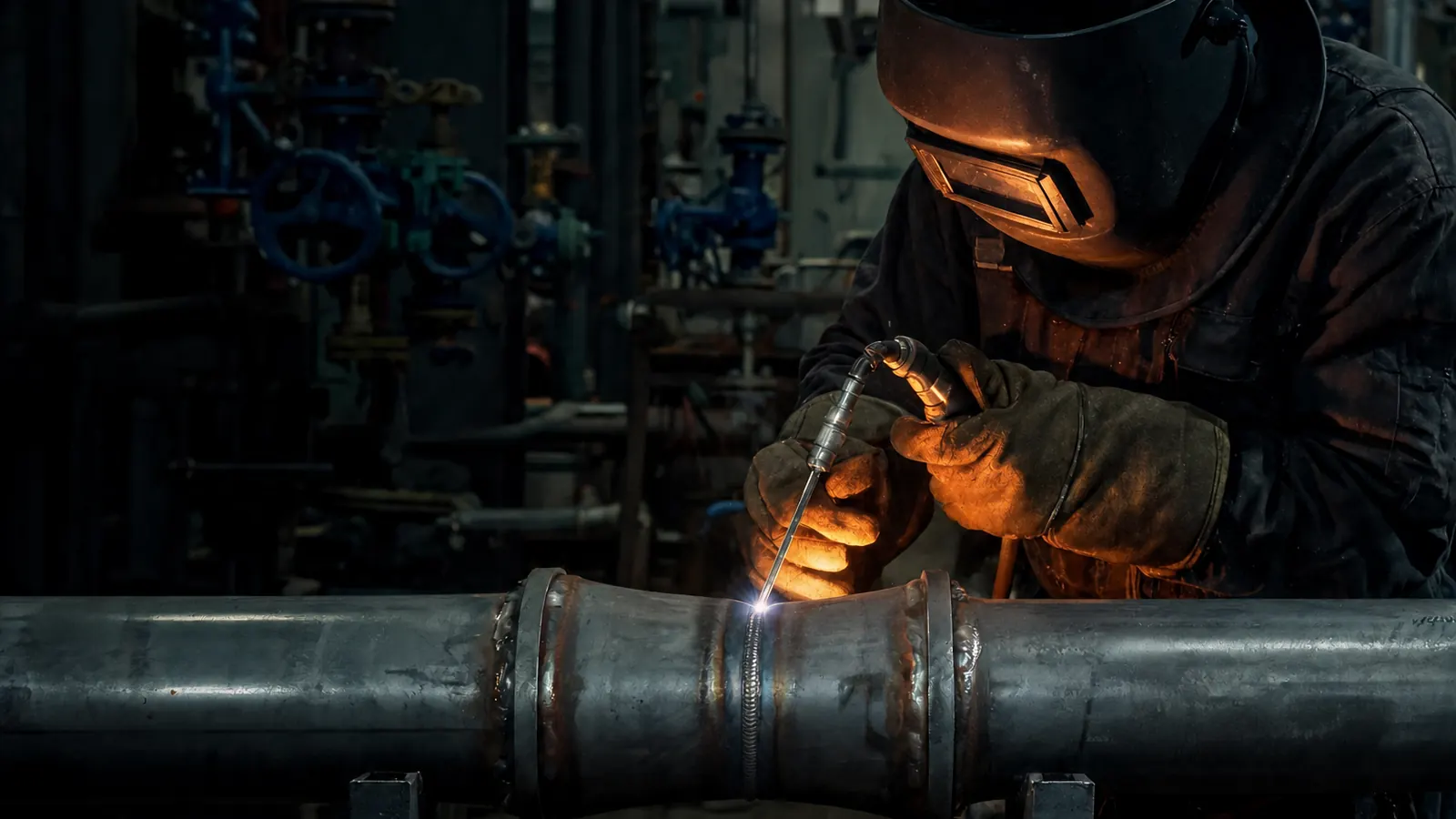 Pressure welder TIG welding a root pass on a carbon steel pipe joint in an industrial plant