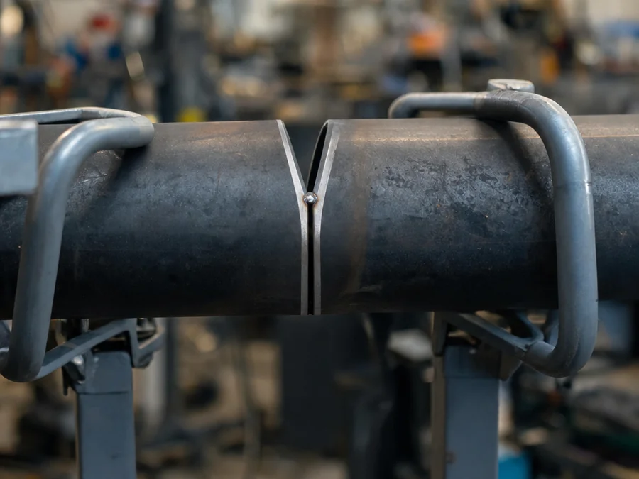 Close-up of two bevelled steel pipe ends fitted together with tack welds in a pipe stand