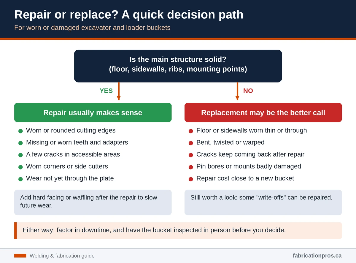 Flowchart for deciding whether to repair or replace an excavator or loader bucket based on the condition of the main structure