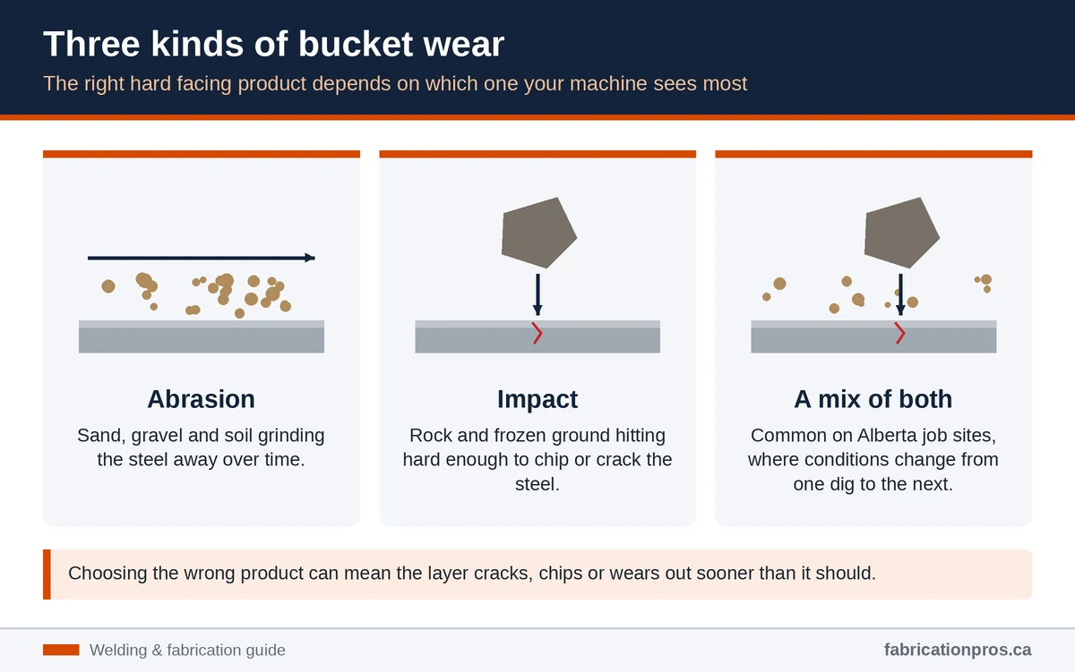 Infographic of the three kinds of bucket wear: abrasion, impact, and a mix of both