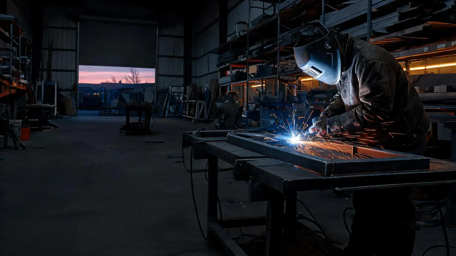 Welder in a helmet MIG welding a steel frame on a workbench inside a large metal fabrication shop