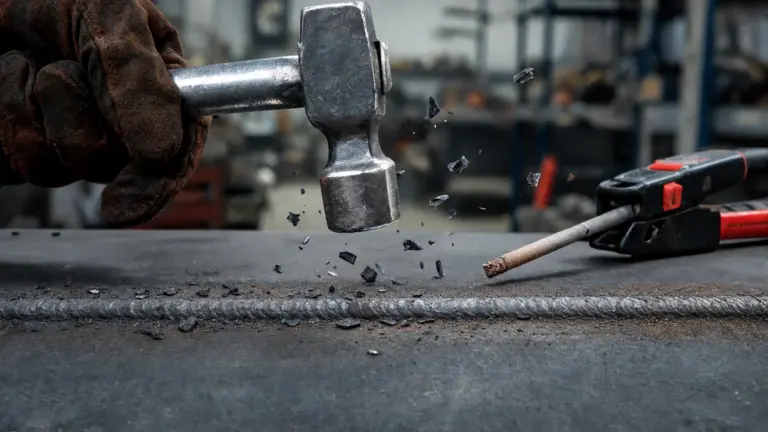 Welder knocking slag off a fresh stick weld bead with a hammer