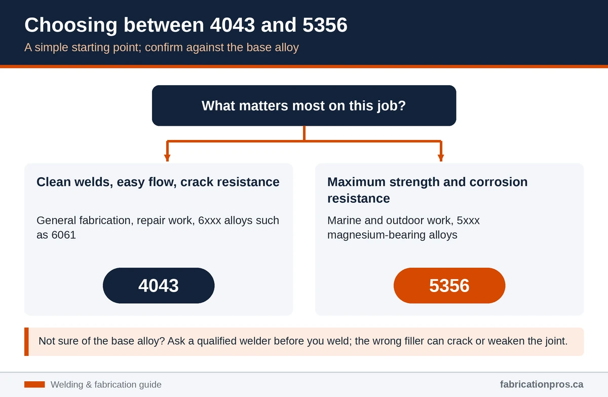 Decision guide: choose 4043 for clean flow and crack resistance on general and 6xxx work, 5356 for strength and corrosion resistance on marine and 5xxx work