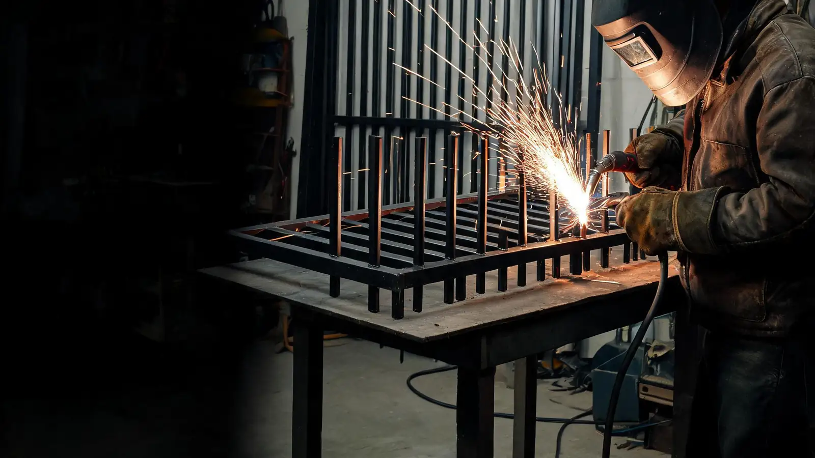 Welder MIG welding a black steel driveway gate panel with vertical pickets on a shop table