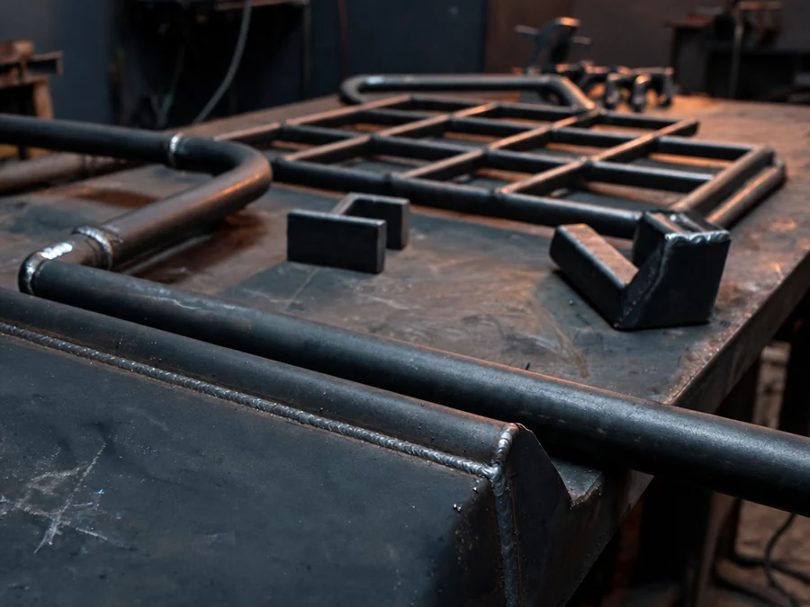 Close-up of a clean weld bead on fabricated steel, with welded handrail sections and a steel gate panel on a shop table