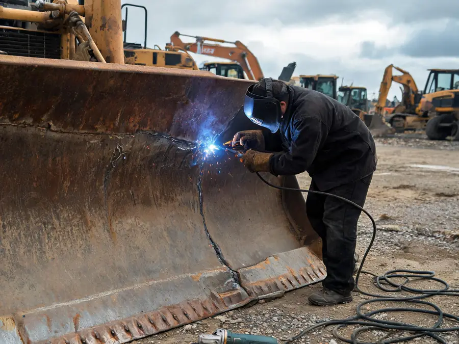 Welder repairing a crack on a worn bulldozer blade in an outdoor equipment yard