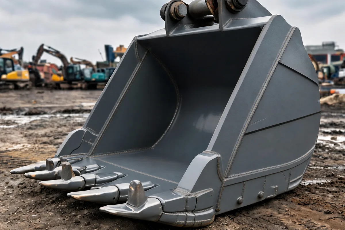 Illustration of the same excavator bucket after a rebuild with new cutting edge, teeth and hard facing