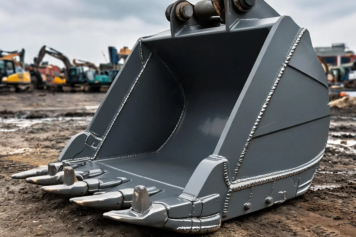 Illustration of the same excavator bucket after a rebuild with new cutting edge, teeth and hard facing
