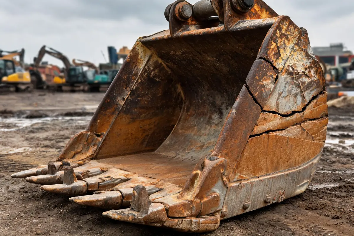 Illustration of a worn, rusty excavator bucket with cracked side plates and broken teeth before repair