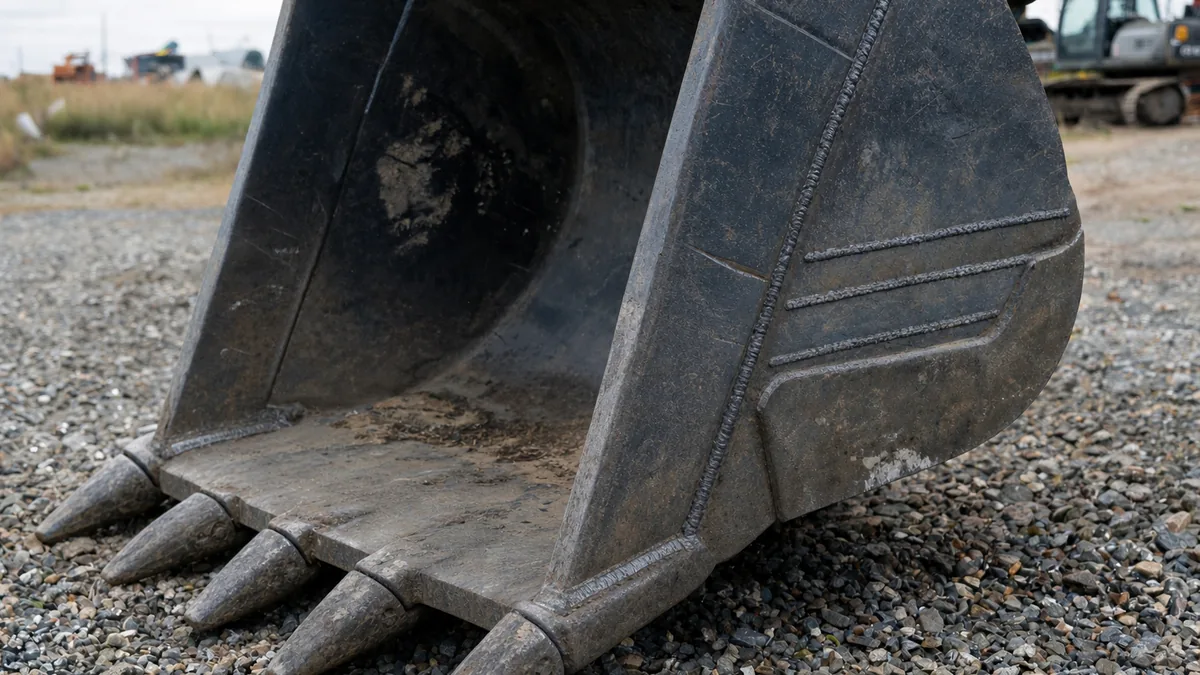 Excavator bucket cutting edge, corners and side cutters covered in hard facing weld beads