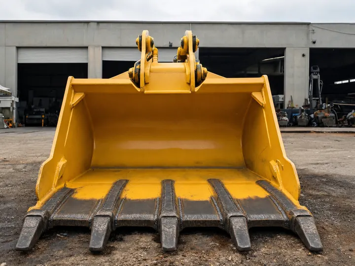 Yellow excavator bucket with hard facing weld beads on the cutting edge