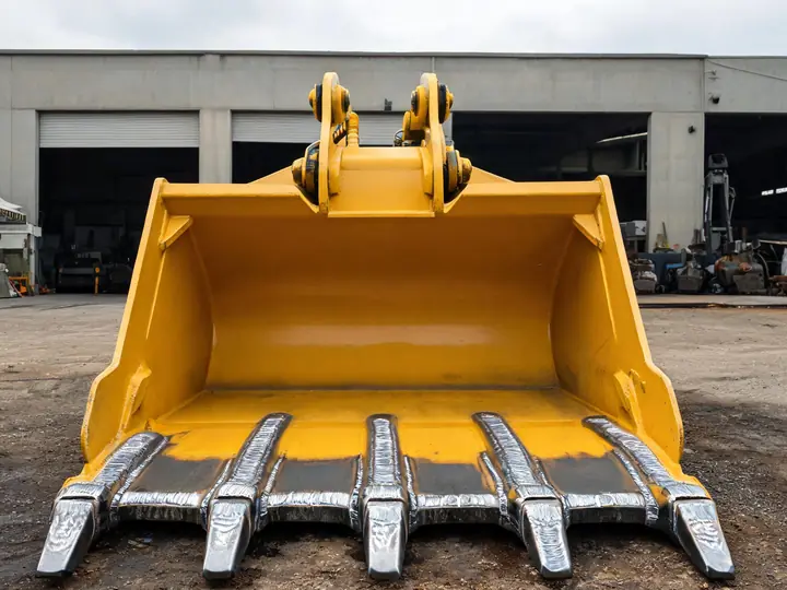 Yellow excavator bucket with hard facing weld beads on the cutting edge