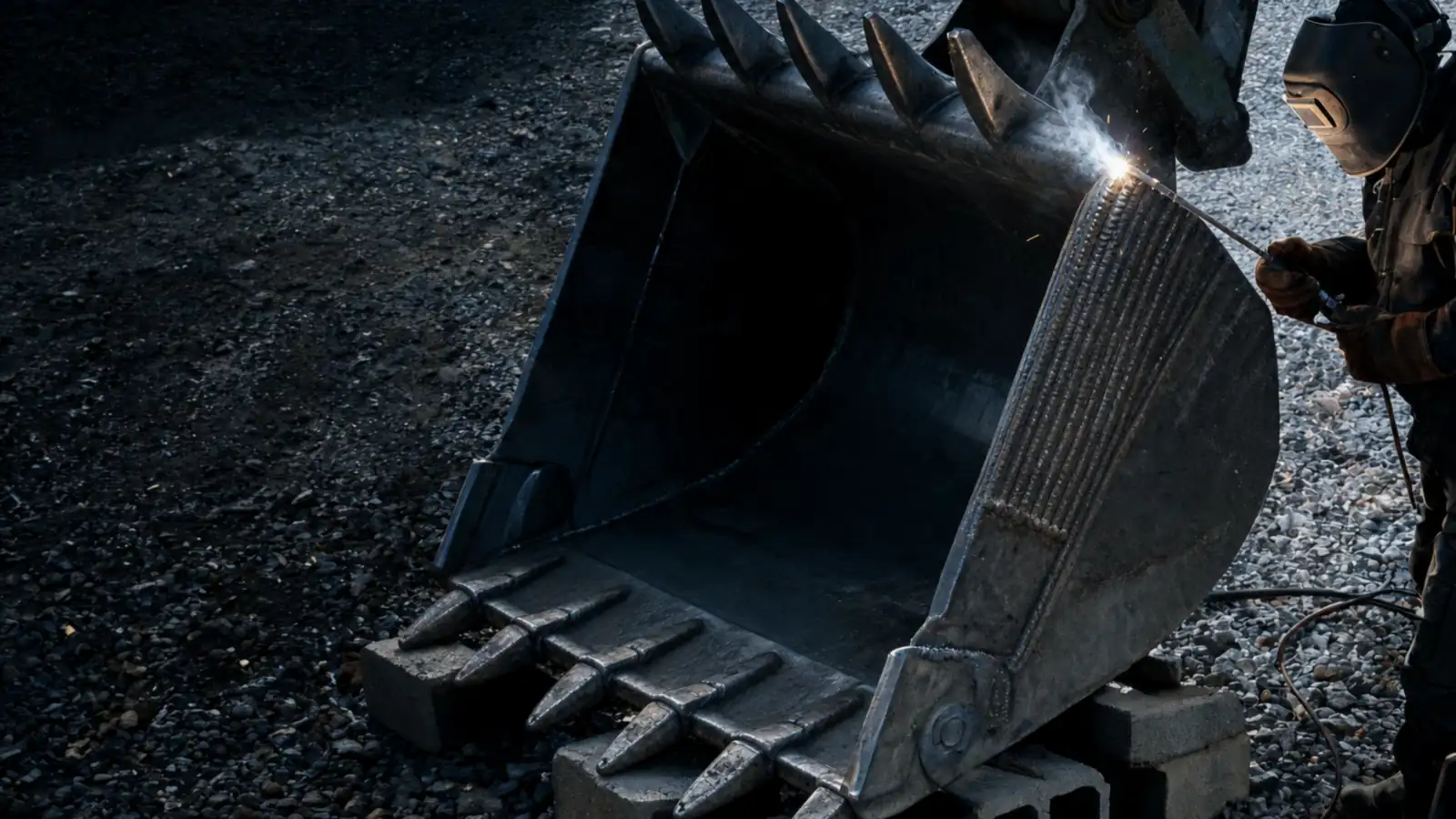 Welder hard facing the cutting edge of a large excavator bucket on blocks in a gravel yard