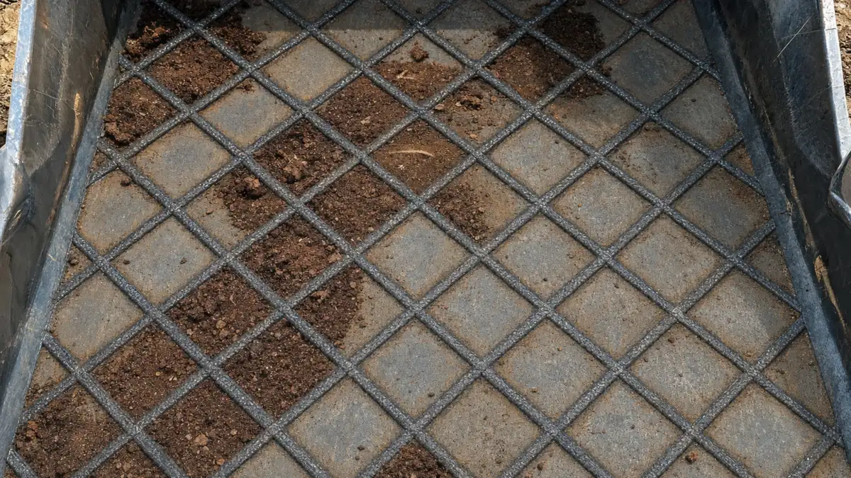 Crosshatch waffle pattern of weld beads on the floor of an excavator bucket, with dirt packed into the pockets