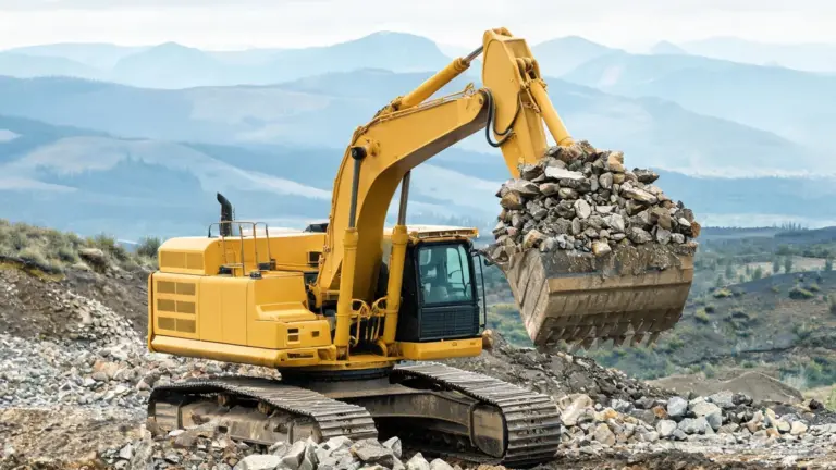 Tracked excavator digging rock and gravel on a construction site in the Alberta foothills