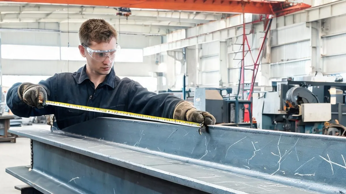 Fabricator measuring a wide-flange steel beam with a tape measure in a structural steel fabrication shop