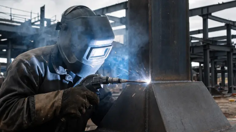 Welder flux core welding a structural steel column base plate outdoors in the wind
