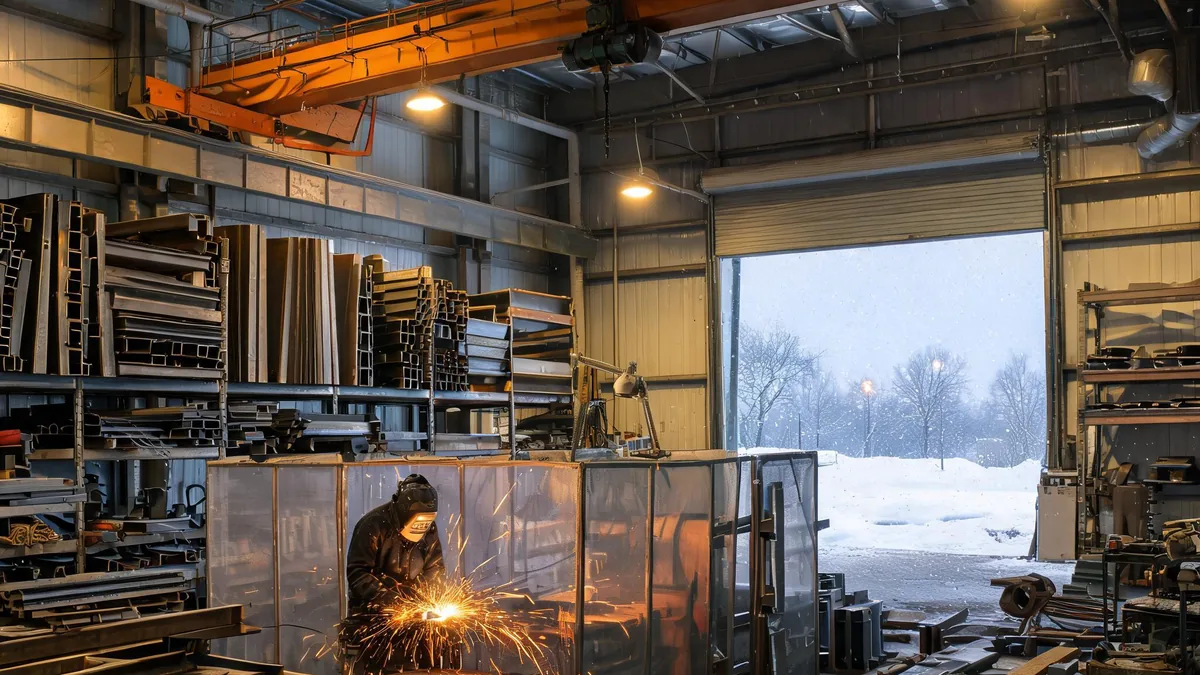 Metal fabrication shop with steel beams on racks, welding screens and a welder at work