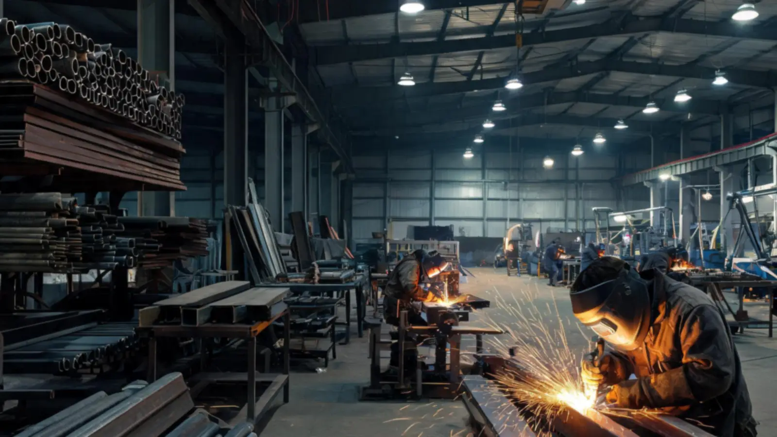 Wide view of a metal fabrication shop with several welders working at different stations