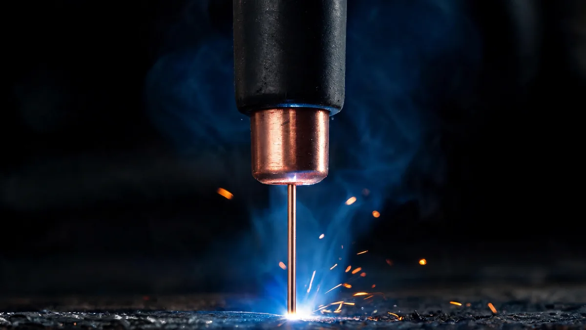 Close-up of a MIG welding contact tip and copper-coated wire starting an arc on steel plate