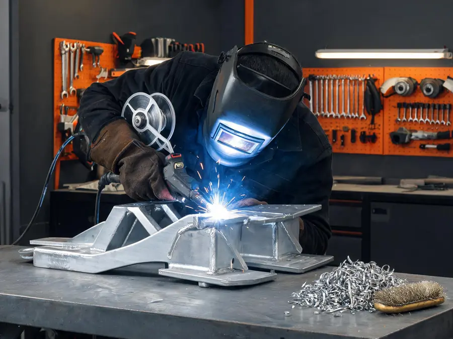 Welder using a MIG spool gun to weld a thick aluminum bracket on a shop table