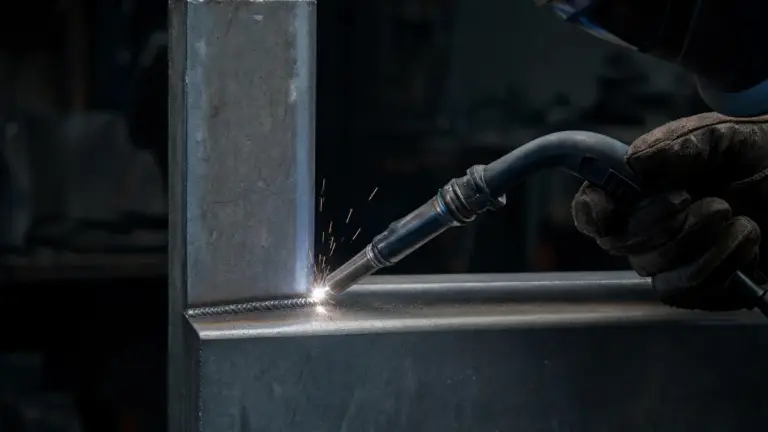 MIG welding gun laying an even fillet weld on a mild steel T-joint