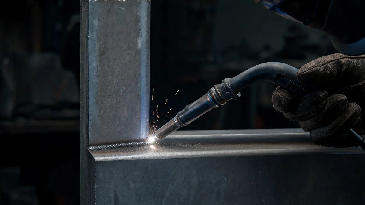 MIG welding gun laying an even fillet weld on a mild steel T-joint