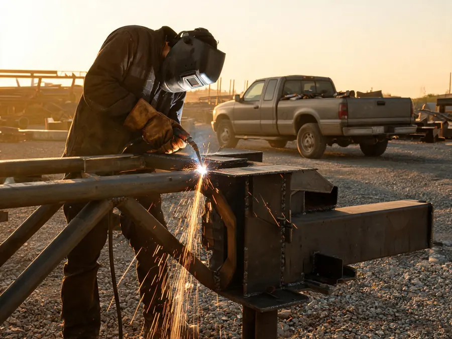 Welder MIG welding reinforcement plates onto a steel equipment frame in a gravel yard beside a pickup truck