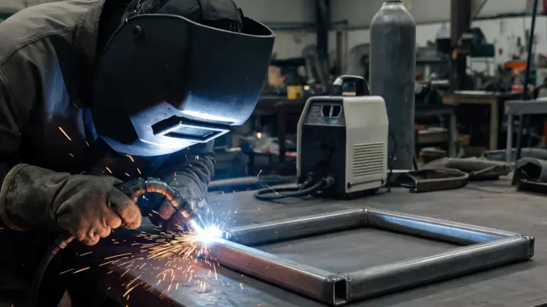 Welder MIG welding a rectangular steel tube frame on a shop welding table