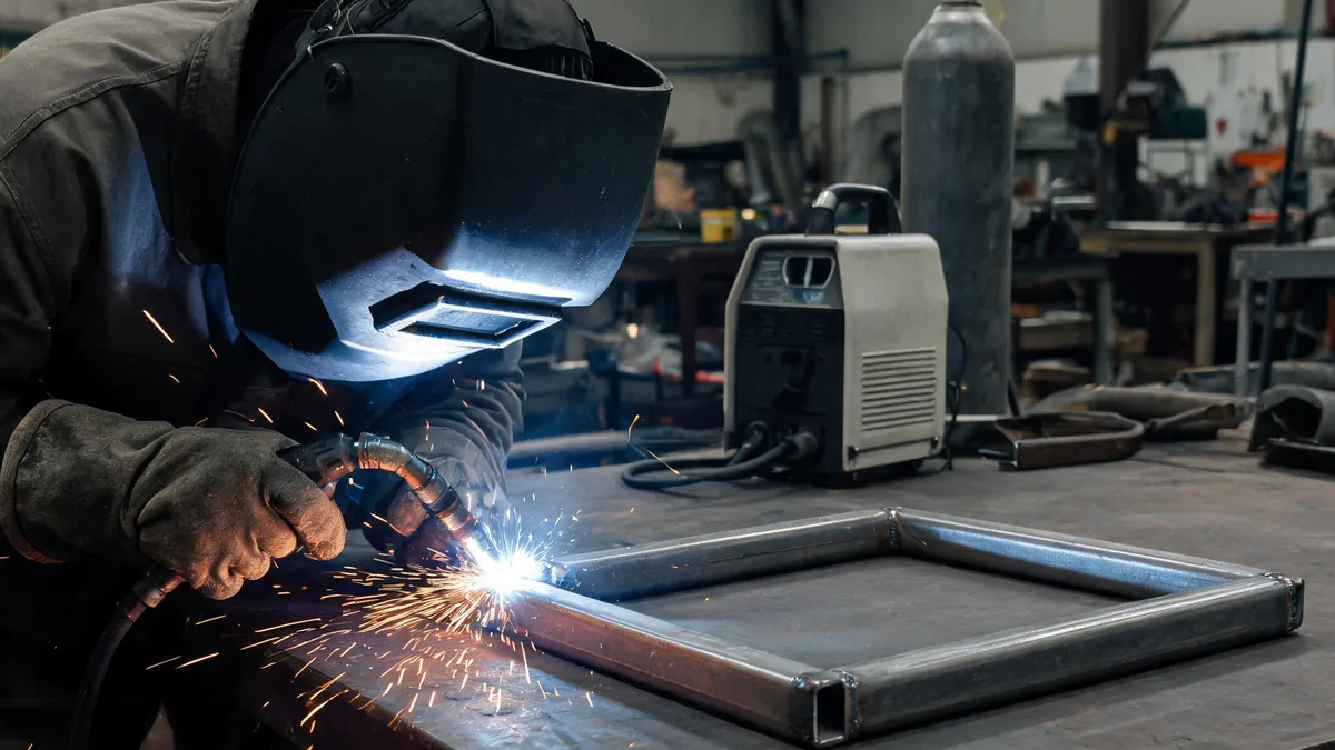 Welder MIG welding a rectangular steel tube frame on a shop welding table