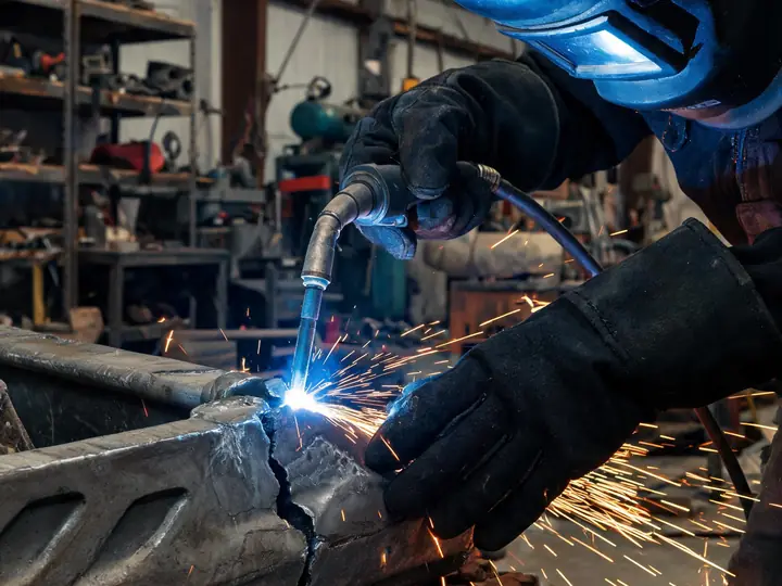 Close-up of a welder MIG welding a crack in a steel equipment attachment