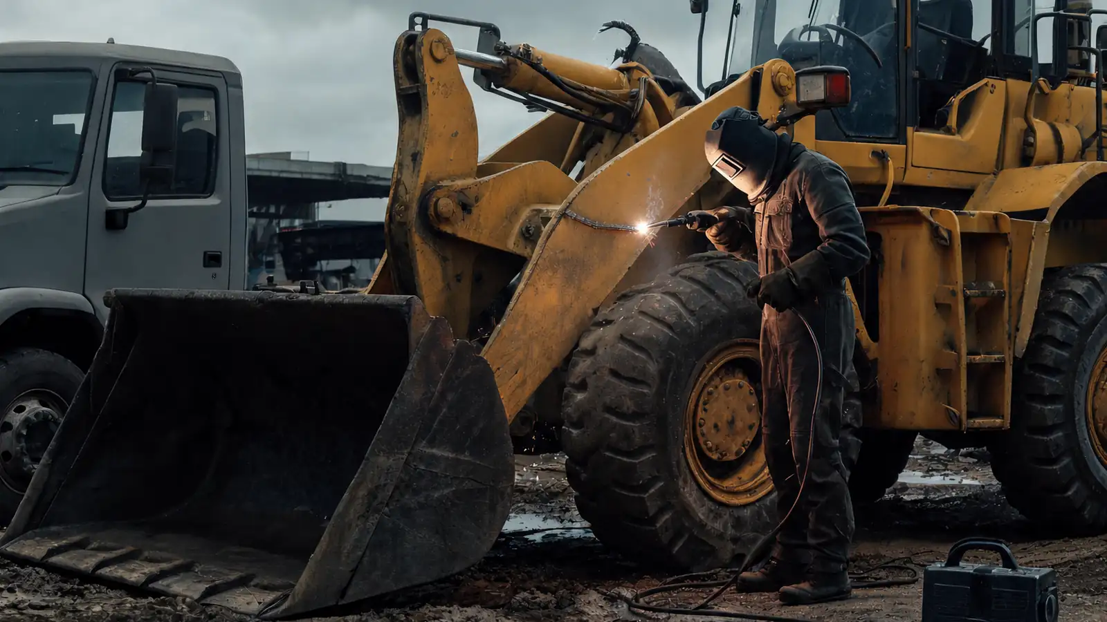 Mobile welder repairing a crack on the arm of a yellow wheel loader on a muddy job site