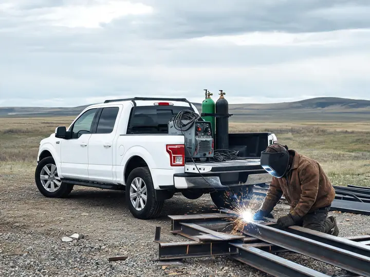 Service truck with a welding machine at a gravel job site while a welder works on a steel frame