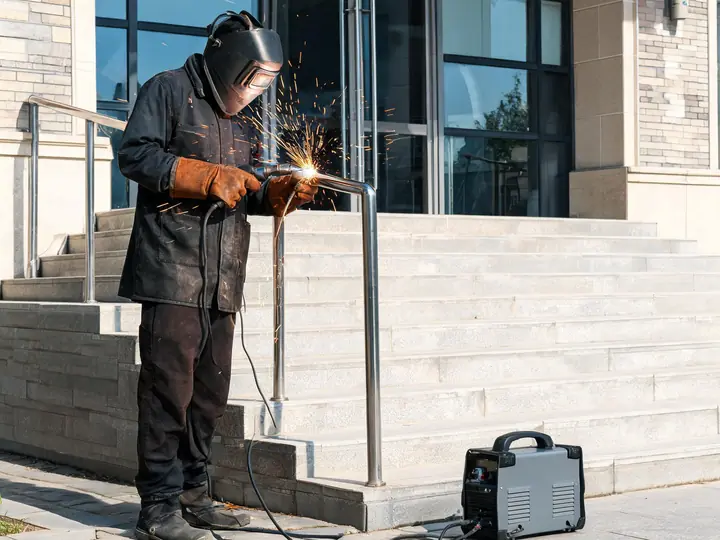 Welder doing an on-site repair on a steel handrail outside a commercial building
