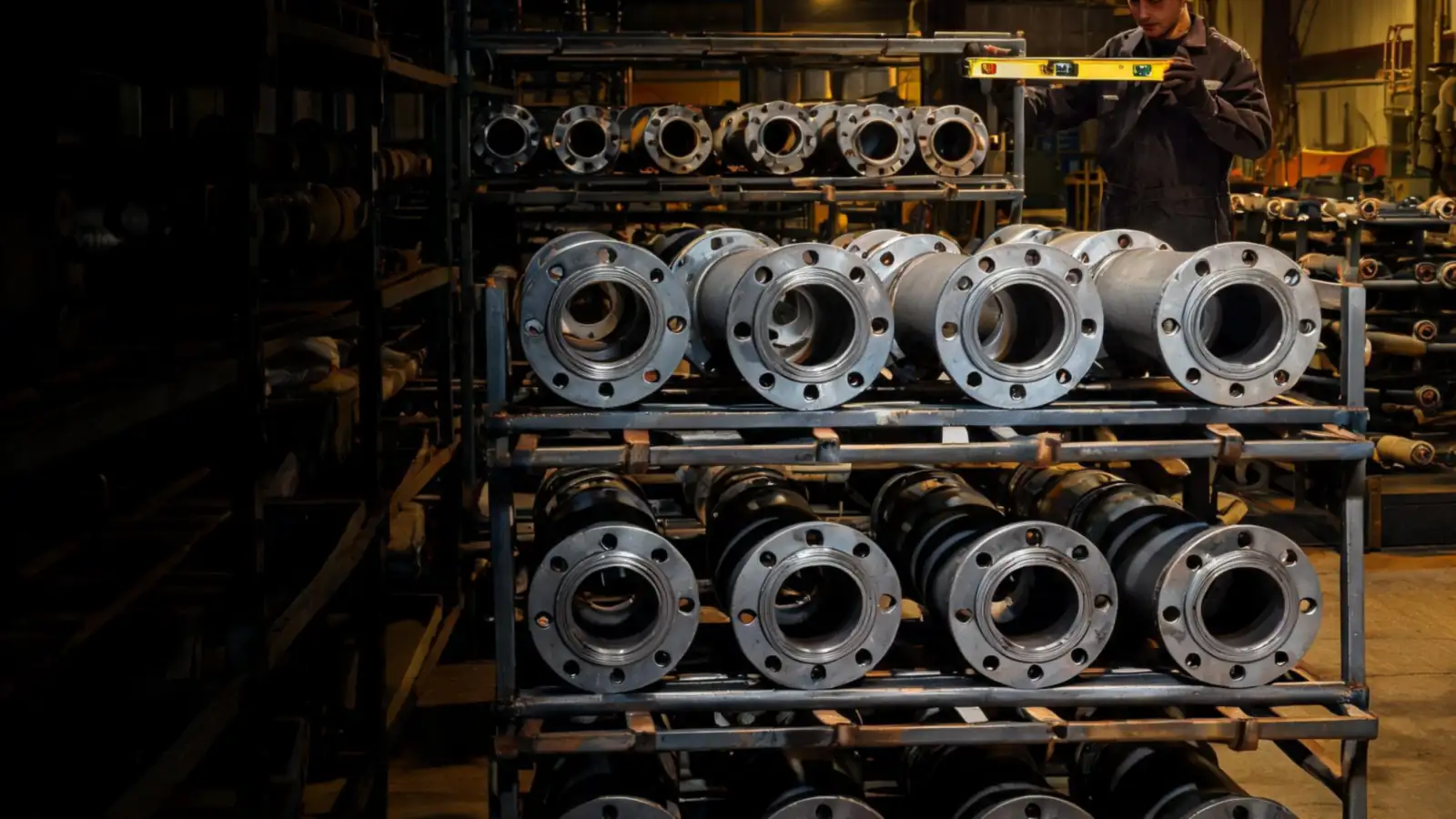 Racks of fabricated carbon steel pipe spools with weld neck flanges in a fabrication shop